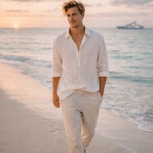 Perry Ellis Men's Long-Sleeve Solid Linen Cotton Popover Tunic Shirt SZ Medium